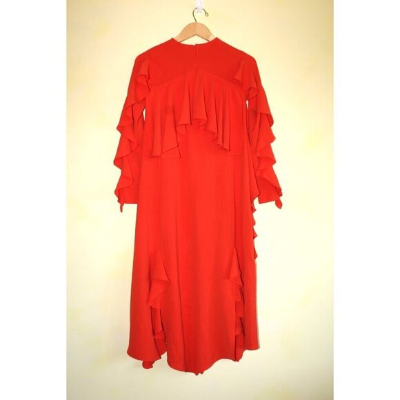 ZARA Hot Chile Ruffle Midi Dress size Small Orange Long Sleeves Pull over - Picture 5 of 9